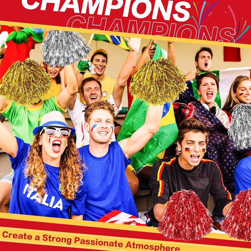 DILIBRA 24 Pcs Metallic Cheerleading Pom Poms for Kids, Cheerleaders Cheer Pom Poms with Baton Handle, Cheering Squad Hand Flower for Adults Team Spirit Sports Game Dancing Party - Image 5